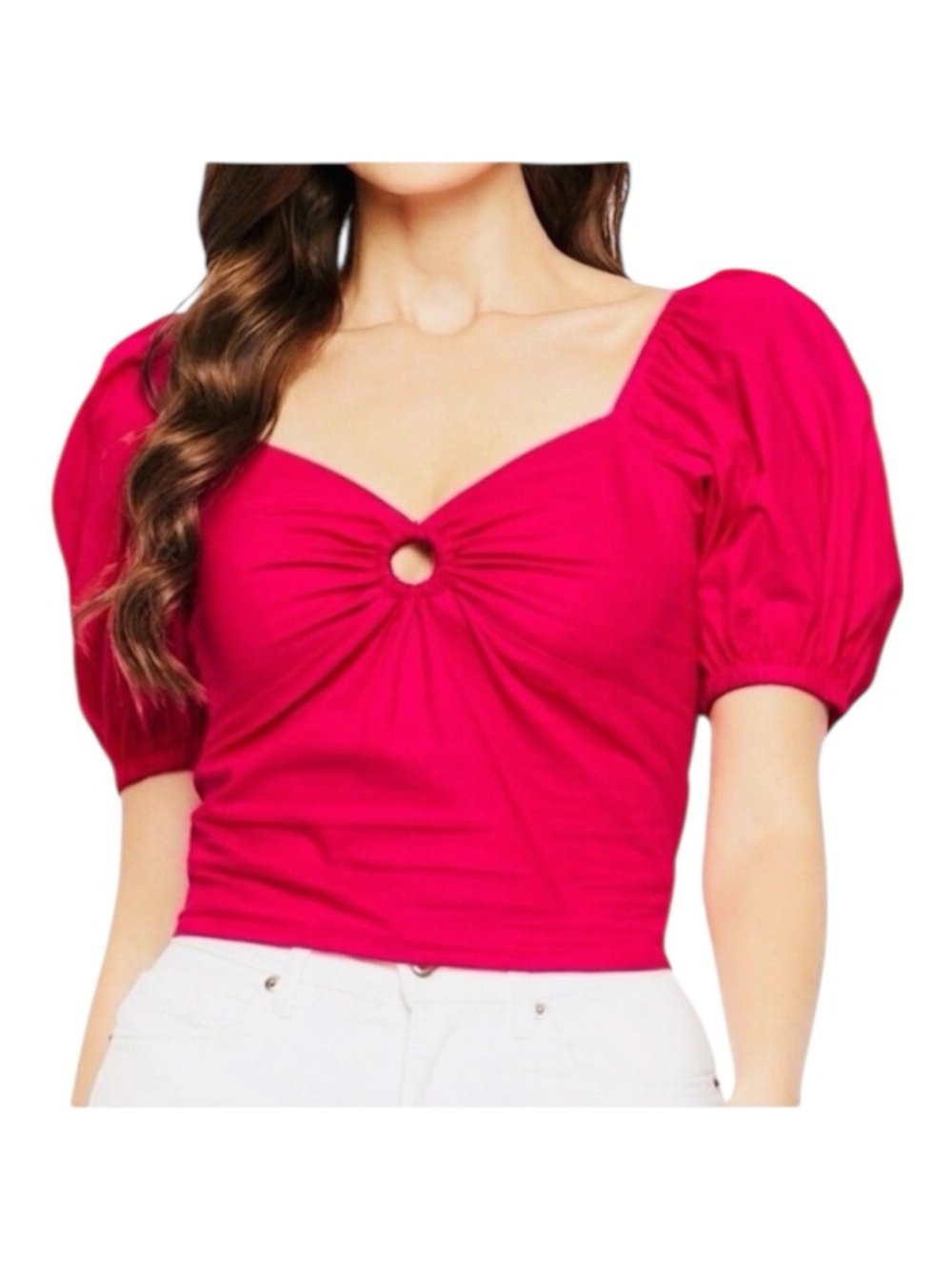 Sim & Sam Puffed Sleeve Crop Top Size MED Pink Flame Coquette Milkmaid NWT